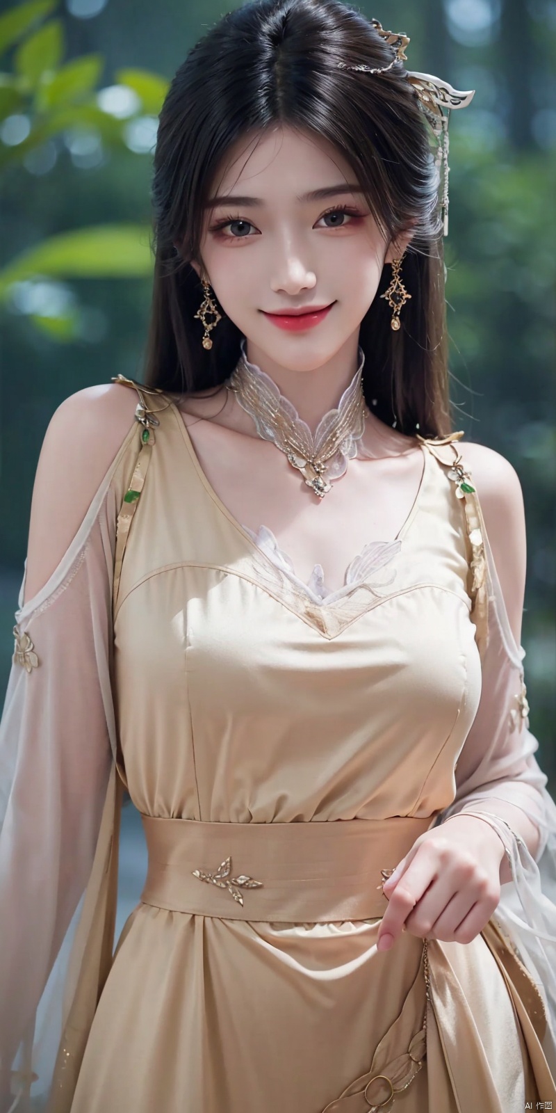  best quality, masterpiece, realistic,,(Good structure), DSLR Quality,Depth of field,kind smile,looking_at_viewer,Dynamic pose, 
jinpinger, 1girl, solo, dress, black hair