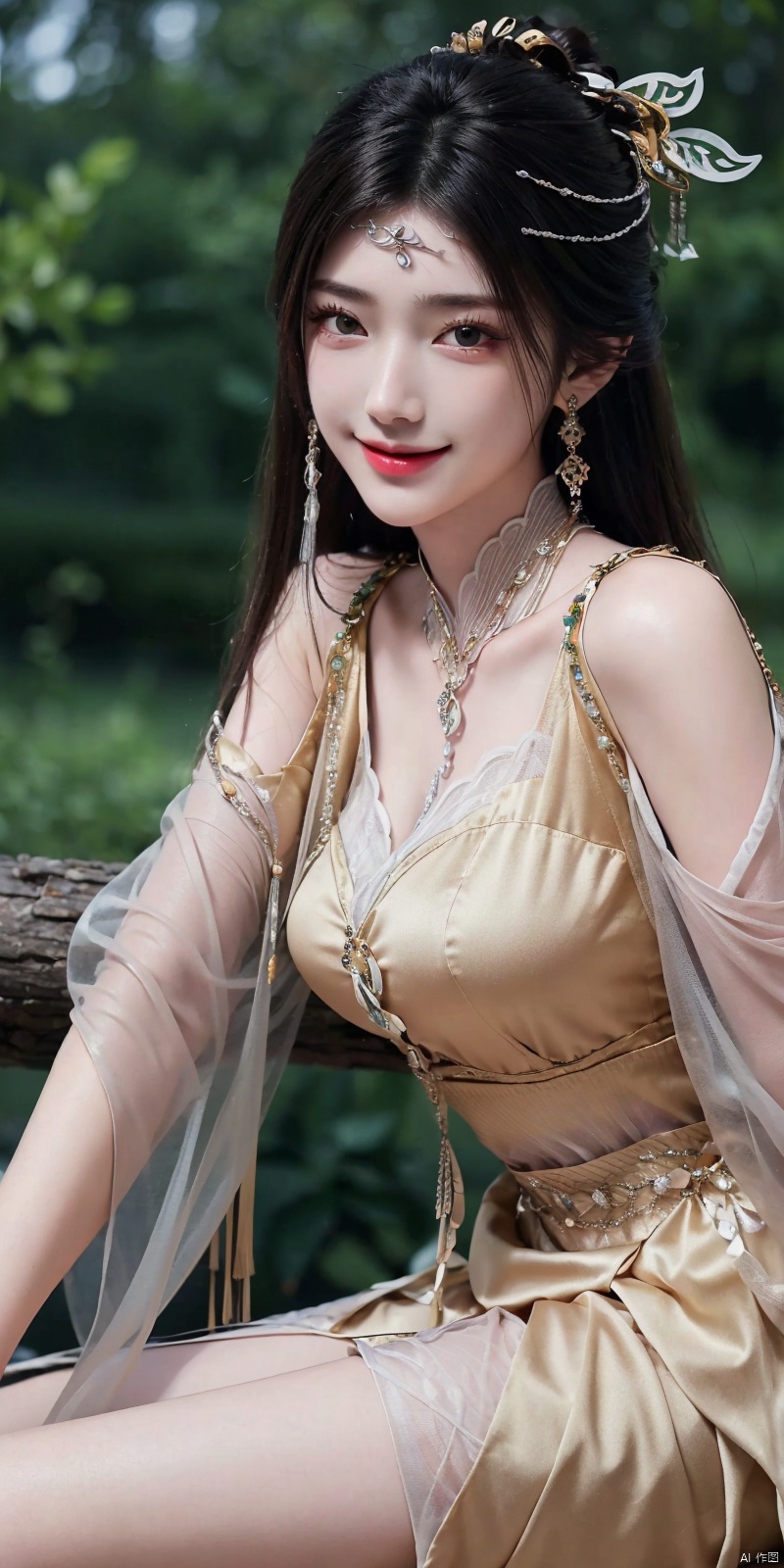  best quality, masterpiece, realistic,,(Good structure), DSLR Quality,Depth of field,kind smile,looking_at_viewer,Dynamic pose, 
jinpinger, 1girl, solo, hair ornament, black hair, jewelry, earrings, dress, smile, sitting