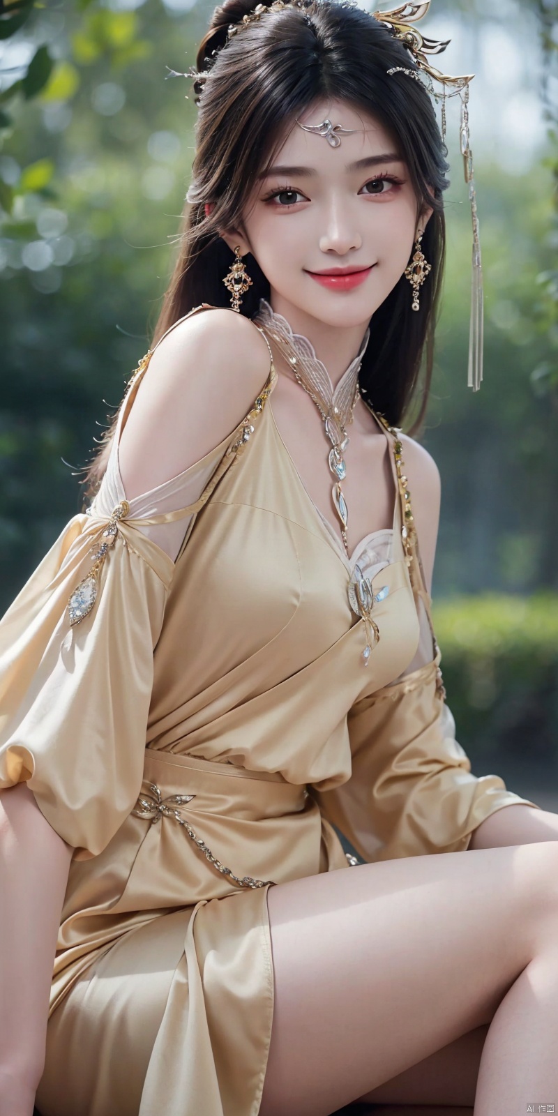  best quality, masterpiece, realistic,,(Good structure), DSLR Quality,Depth of field,kind smile,looking_at_viewer,Dynamic pose, 
jinpinger, 1girl, solo, hair ornament, black hair, jewelry, earrings, dress, smile, sitting