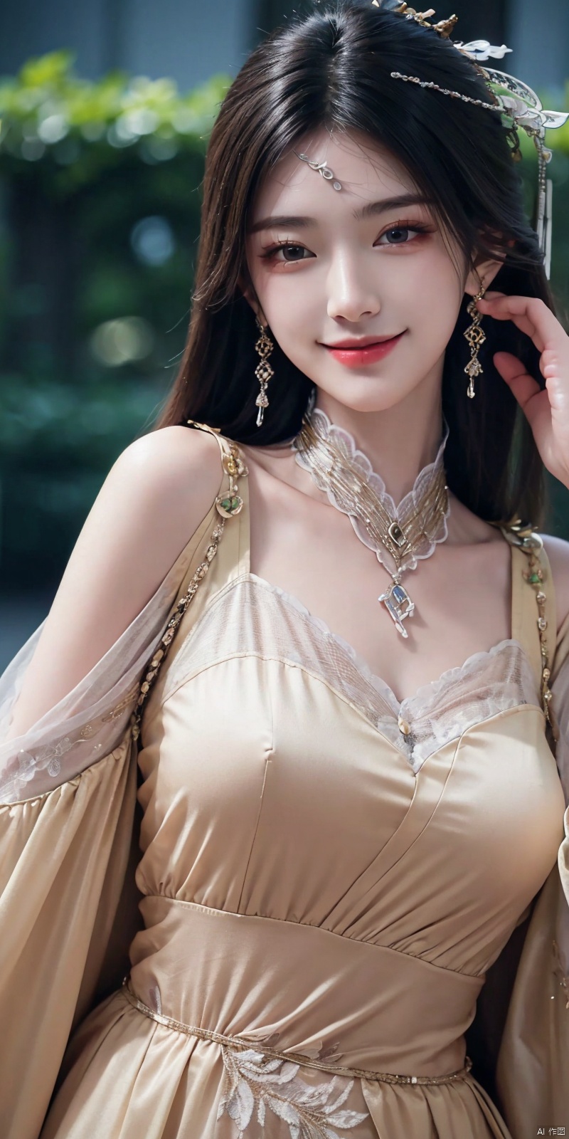  best quality, masterpiece, realistic,,(Good structure), DSLR Quality,Depth of field,kind smile,looking_at_viewer,Dynamic pose, 
jinpinger, 1girl, solo, dress, black hair