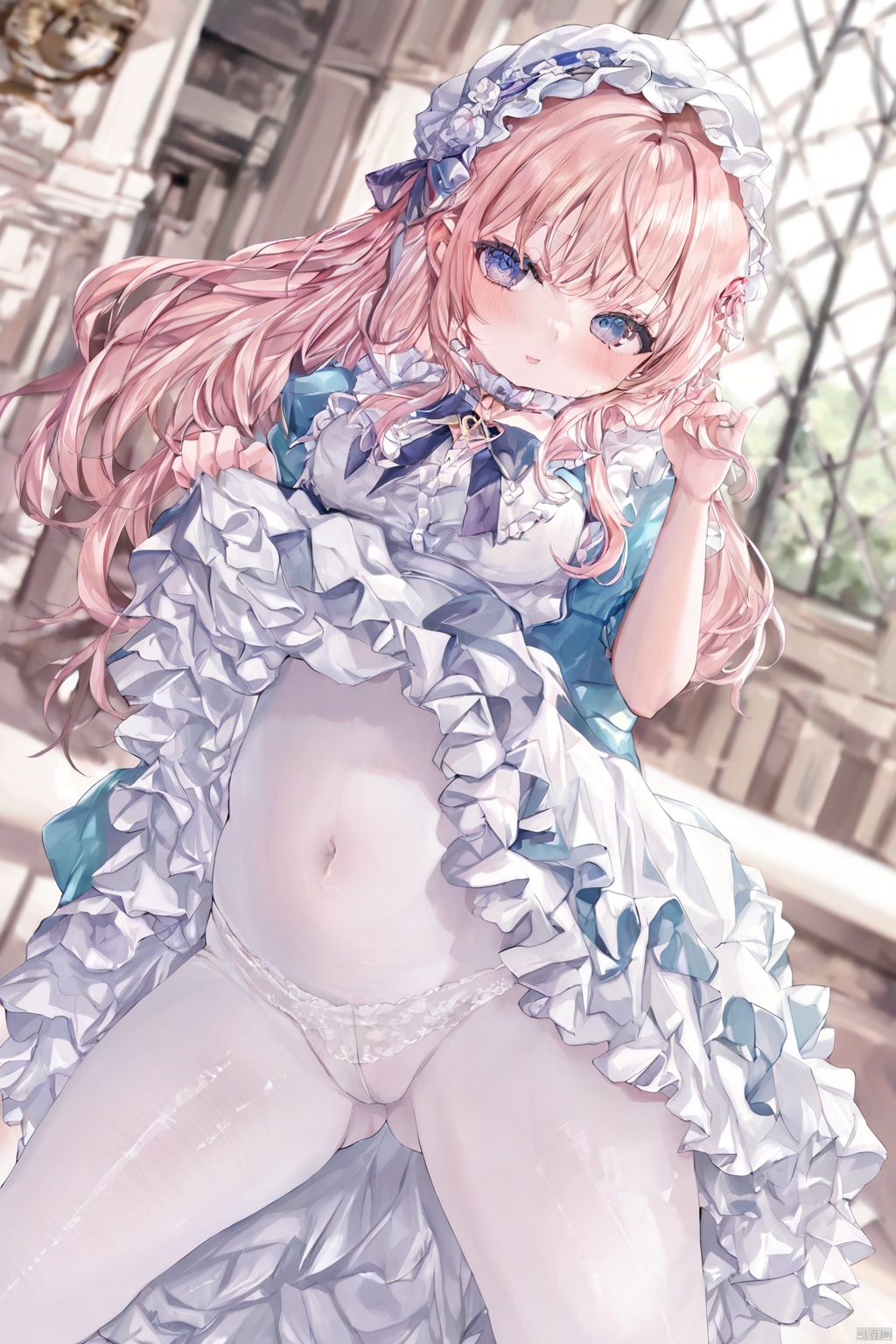 curvy loli, delicate face, underage, lolita_fashion, white pantyhose, curvy thighs, seductive_pose , in_heat, masterpiece, best quality, absurdres, insaneres, high resolution,
