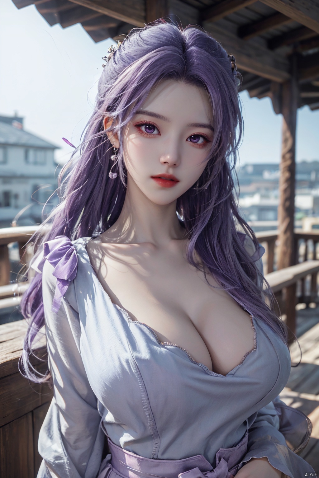  best quality,masterpiece,Yunxiao_Fairy,1girl,solo,long hair,looking at viewer,jewelry,closed mouth,purple eyes,upper body,purple hair,earrings,blurry,blurry background,sunlight,red lips,(big breasts:1.39)