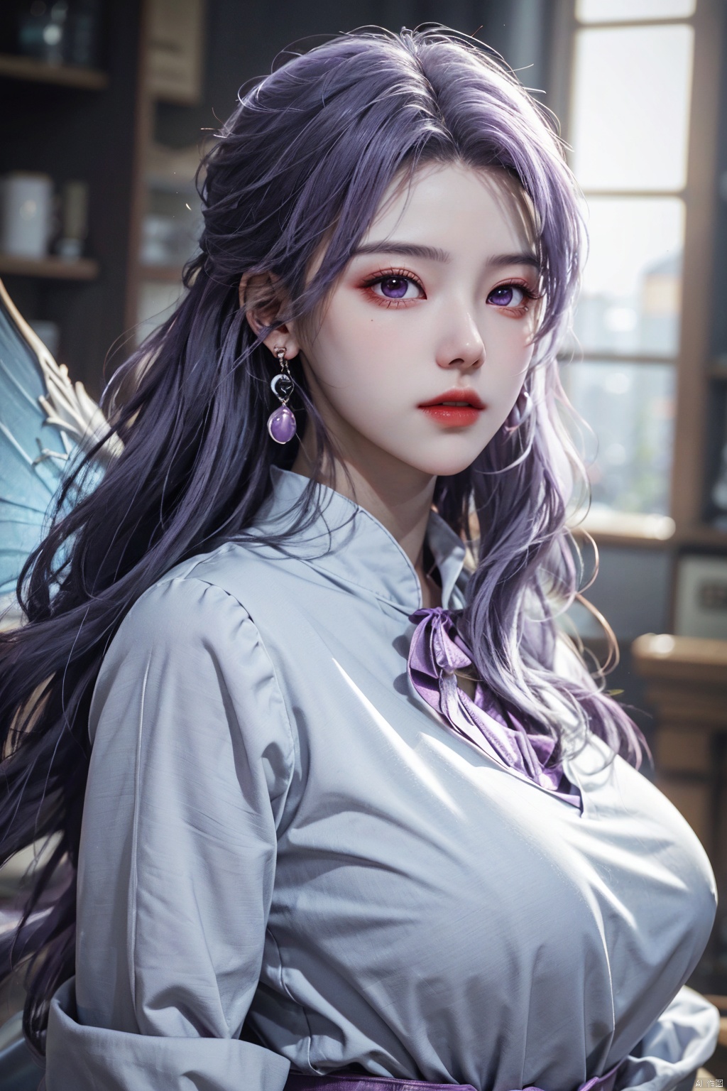  best quality,masterpiece,Yunxiao_Fairy,1girl,solo,long hair,looking at viewer,jewelry,closed mouth,purple eyes,upper body,purple hair,earrings,blurry,blurry background,sunlight,red lips,(big breasts:1.39)