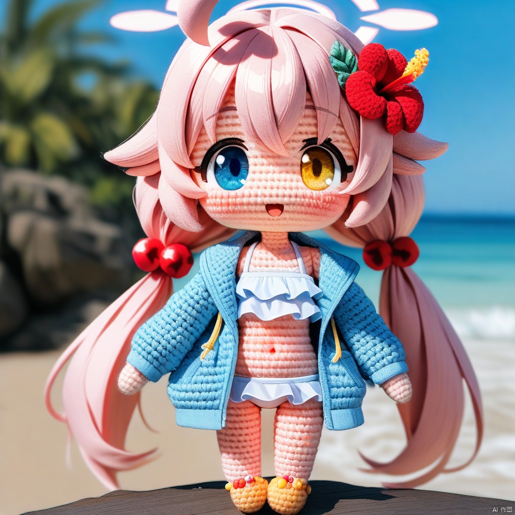 amigurumi-style, amigurumi,full_body,(masterpiece),(best quality),solo, red flower, 1girl, hoshino (blue archive), flower, blue jacket, hoshino (swimsuit) (blue archive), hair ornament, white bikini, frilled bikini, heterochromia, swimsuit, twintails, long hair, ahoge, yellow eyes, bikini, navel, halo, blush, looking at viewer, jacket, frills, low twintails, blue eyes, open mouth, pink hair, collarbone, hair between eyes, hair bobbles, outdoors, long sleeves, hair flower, official alternate costume, hibiscus, open clothes, blurry
