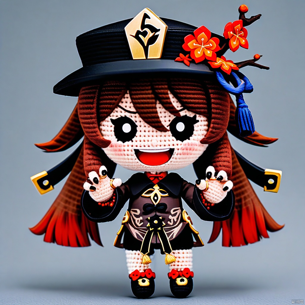 amigurumi-style, amigurumi,masterpiece, best quality, full shot, chibi, grimaces, emoji, frightening, 1girl, solo, long hair, looking at viewer, smile, open mouth, bangs, simple background, brown hair, long sleeves, hat, hair between eyes, twintails, flower, :d, chibi, nail polish, black eyes, black headwear, chinese clothes, black nails, hat ornament, emphasis lines, hat flower, claw pose, hu tao \(genshin impact\),