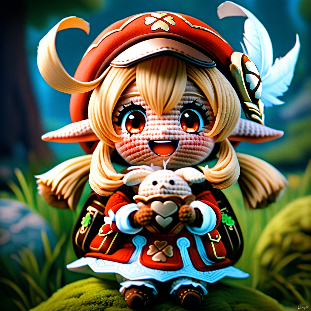  amigurumi-style, amigurumi,masterpiece,best quality,klee, 1girl, klee \(genshin impact\), hat, bag, red eyes, smile, solo, red dress, dress, hat feather, blush, bangs, open mouth, long sleeves, red headwear, backpack, sitting, dodoco \(genshin impact\), outdoors, twintails, blonde hair, looking at viewer, hair between eyes, pointy ears, :d, upper teeth only, feathers, teeth, tree, low twintails, cabbie hat, brown bag, long hair, day, white feathers, sidelocks, eyelashes, object hug, blurry, holding, jumpy dumpty