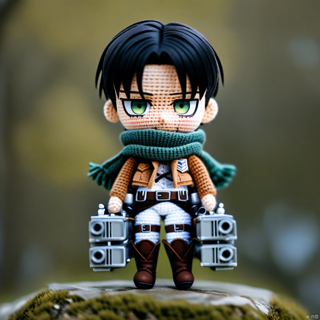 amigurumi-style, amigurumi, 1boy, male focus, solo, paradis military uniform, black hair, chibi, levi \(shingeki no kyojin\), jacket, blurry, green eyes, blurry background, boots, scarf, full body, brown jacket, belt, depth of field, three-dimensional maneuver gear, thigh strap, looking at viewer, short hair