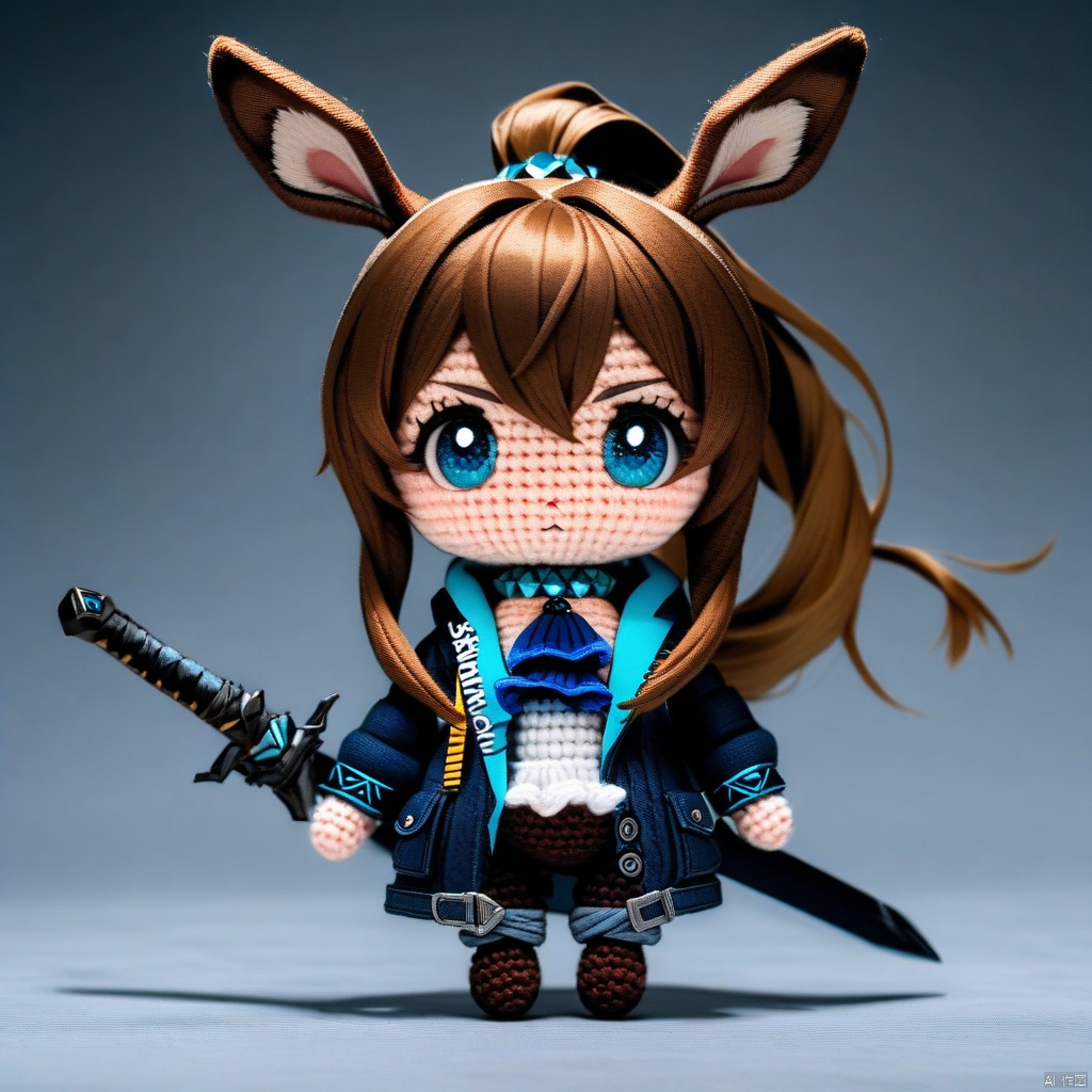 amigurumi-style, amigurumi, full_body,(masterpiece),(best quality),1girl, animal ears, amiya (arknights), solo, blue eyes, rabbit ears, long hair, holding, looking at viewer, blood, weapon, blue ascot, holding weapon, brown hair, ascot, hair between eyes, sword, holding sword, jacket, blood on face, closed mouth, open clothes, sidelocks, open jacket, jewelry, shirt, neck ring, white shirt, black jacket, ponytail, glowing,