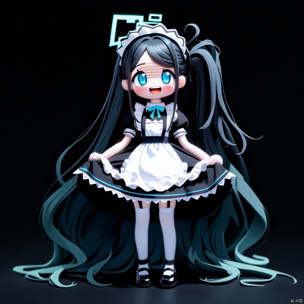 amigurumi-style, amigurumi,masterpiece,best quality,very aesthetic,absurdres,newest, BREAK sdorica composition,black background,simple background,character name, BREAK 1girl, solo, aris \(blue archive\), aris \(maid\) \(blue archive\), halo, long hair, black hair, thighhighs, white thighhighs, apron, blue eyes, official alternate costume, maid headdress, maid, very long hair, full body, simple background, white background, short sleeves, open mouth, dress, looking at viewer, maid apron, white apron, black footwear, borrowed clothes, shoes, black dress, frilled apron, frills, blush, upper teeth only, ponytail, smile, puffy sleeves, standing, side ponytail, teeth, puffy short sleeves, absurdly long hair, garter straps, skirt hold, bow, sidelocks,