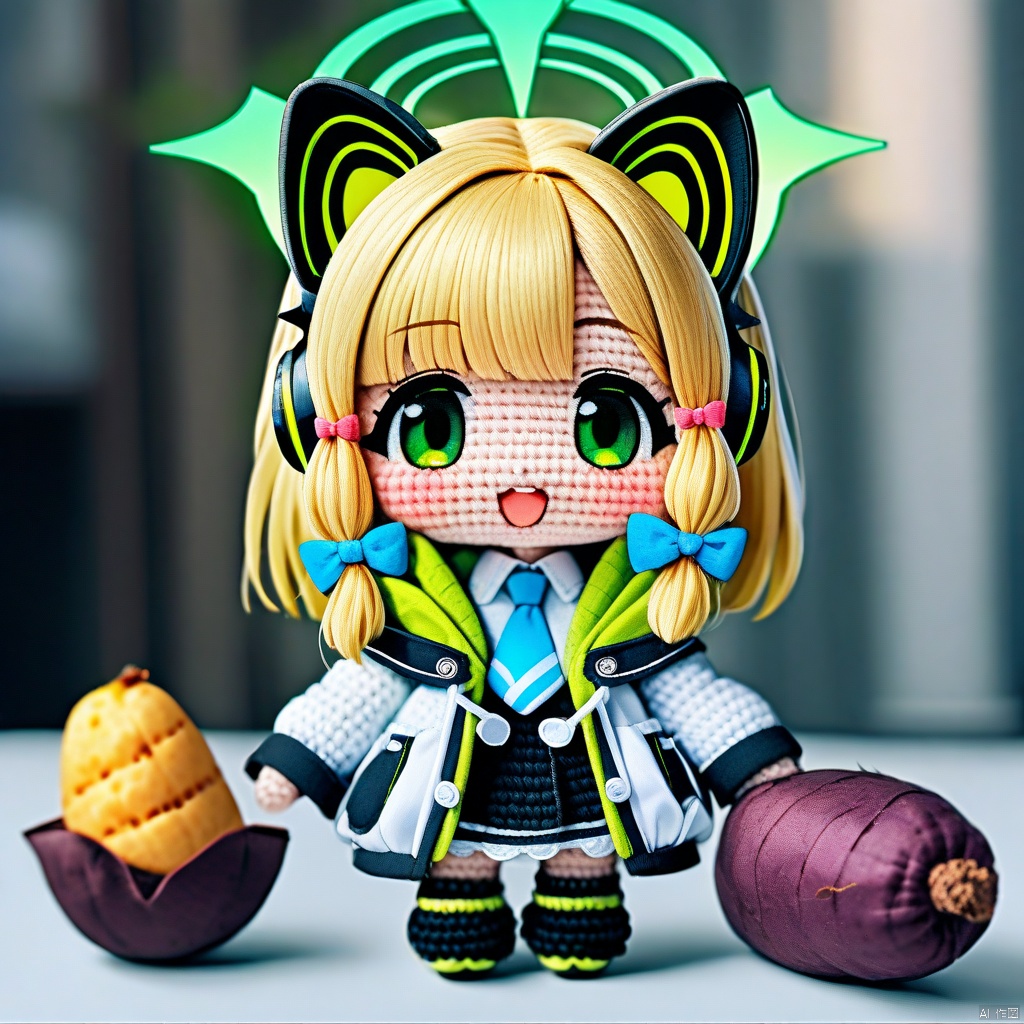 amigurumi-style, amigurumi,full_body,(masterpiece),(best quality),1girl,midori \(blue archive\),blue archive,aiamu iamu,holding food,holding,hooded jacket,food,sidelocks,:d,collared shirt,blurry,long sleeves,puffy sleeves,headphones,blue bow,hand up,necktie,halo,looking at viewer,jacket,sleeves past wrists,blush,nail polish,blue necktie,animal ear headphones,blurry background,blonde hair,shirt,green eyes,hood down,open clothes,depth of field,hood,smile,white jacket,fake animal ears,bow,puffy long sleeves,open jacket,solo,dress shirt,animal ears,white shirt,blue nails,hair bow,long hair,drawstring,sweet potato,