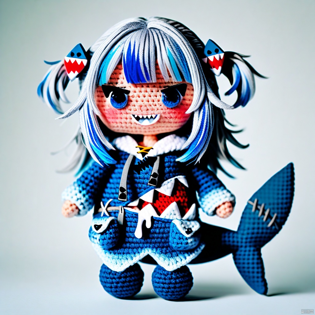 amigurumi-style, amigurumi,1girl, gawr gura, virtual youtuber, tail, fish tail, shark tail, solo, blue eyes, multicolored hair, grey hair, blue hair, streaked hair, bangs, hair ornament, shark hair ornament, two side up, white background, hood, blunt bangs, shark girl, hoodie, simple background, blue hoodie