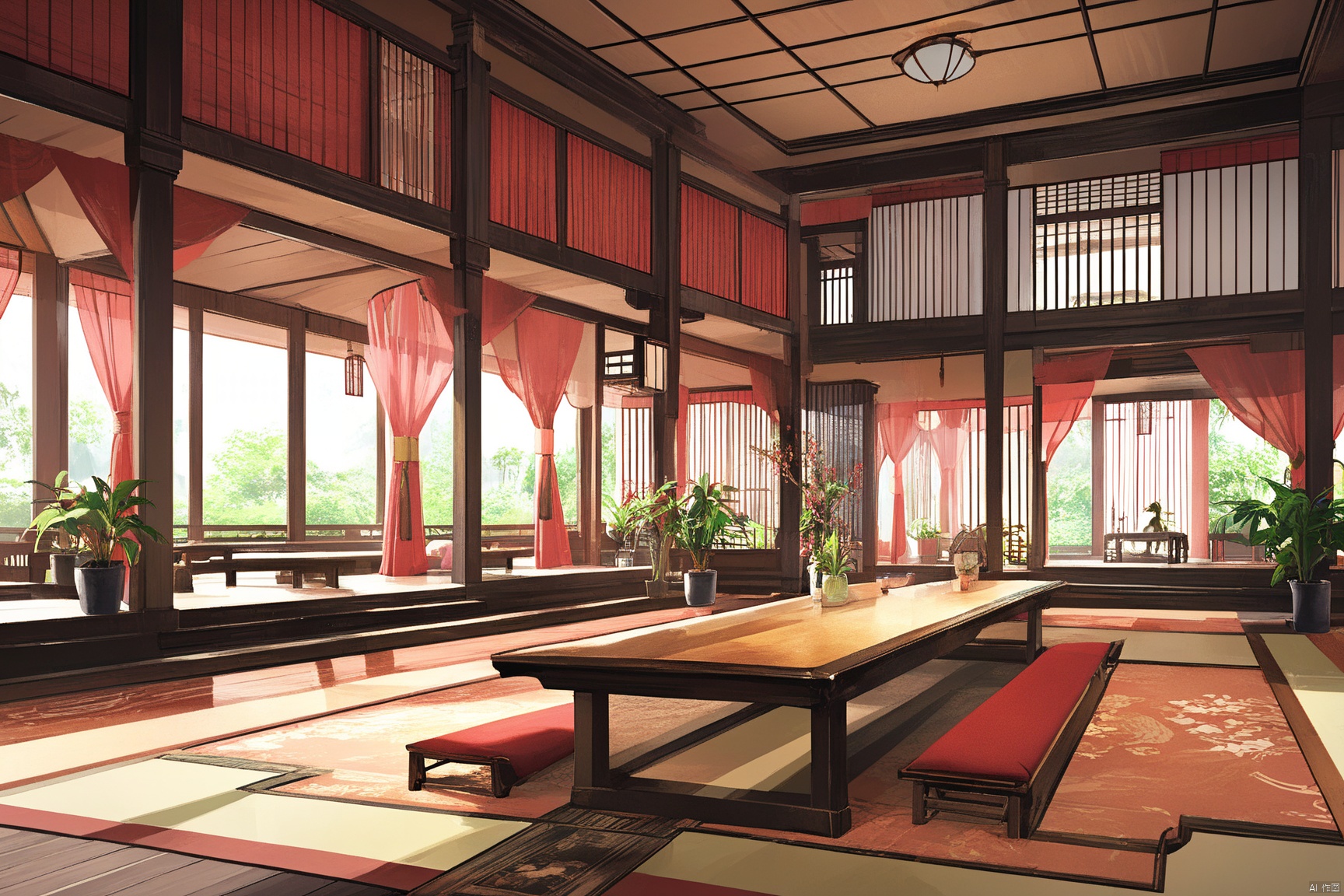 indoors, east asian, 8k, masterpiece, CG, best quality, high detailed, high detailed CG, No logo, no test, no humans, indoors, east asian architecture, scenery, big room, short table, curtains, plants,