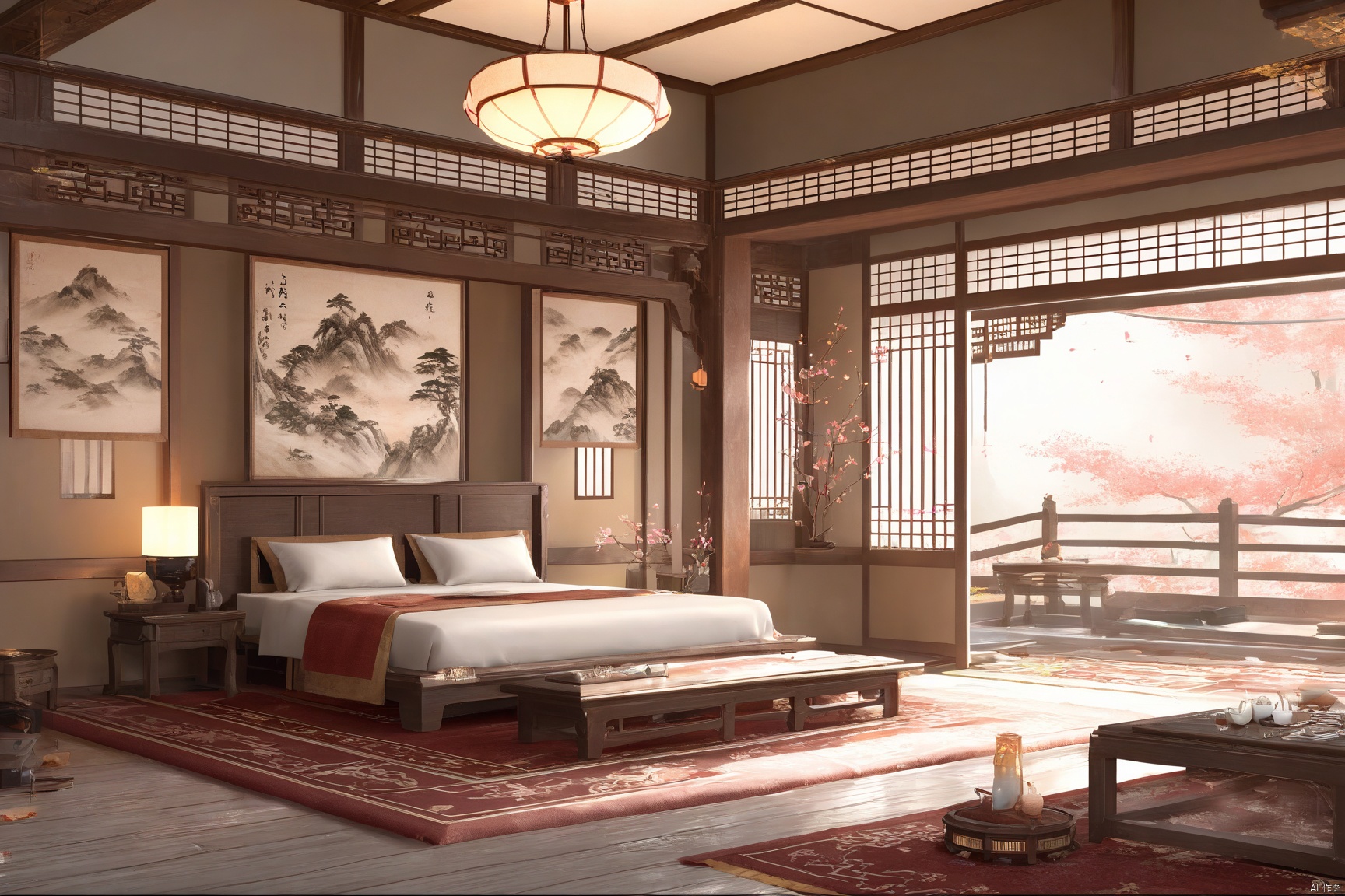  indoors, east asian, 8k, masterpiece, CG, best quality, high detailed, high detailed CG, No logo, no test, no humans, indoors, bed, short table, big room,