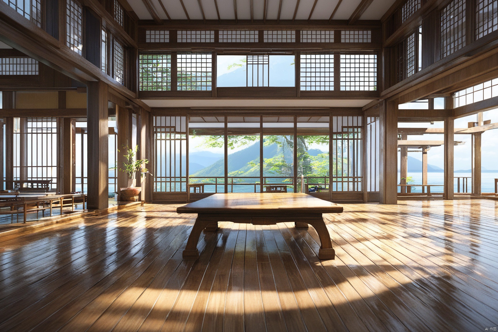 indoors, east asian, 8k, masterpiece, CG, best quality, high detailed, high detailed CG, No logo, no test, no humans, indoors, east asian architecture, big room, short table, wood floor, scenery, open Landscape, chinese buildings, water,