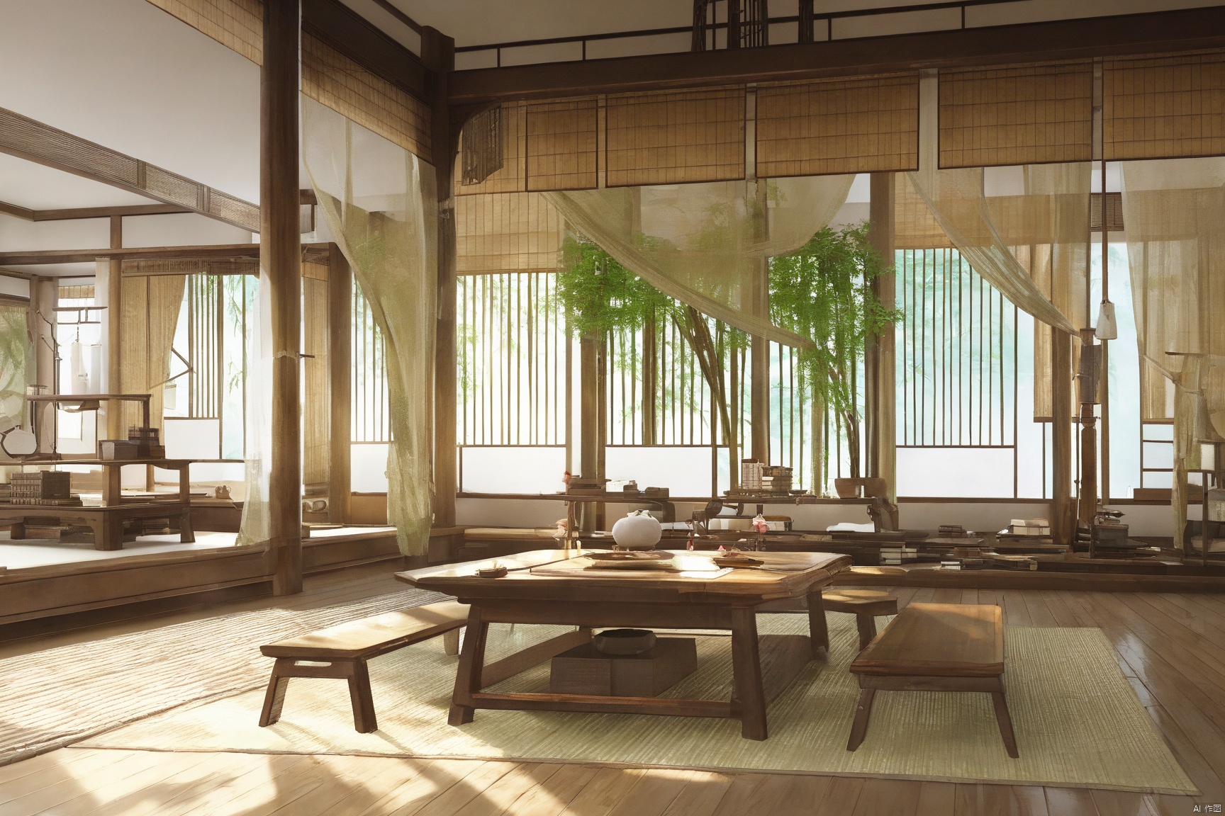 indoors, east asian, 8k, masterpiece, CG, best quality, high detailed, high detailed CG, No logo, no test, no humans, indoors, east asian architecture, short table, big room, scenery, bookshelf, bamboo curtain,