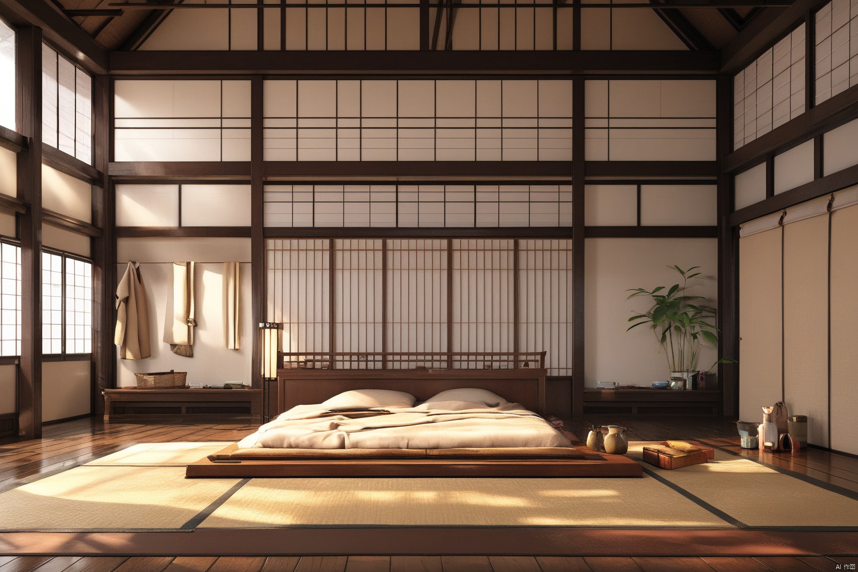indoors, east asian, 8k, masterpiece, CG, best quality, high detailed, high detailed CG, No logo, no test, no humans, indoors, east asian architecture, big room, bed, clothes rack, screen,