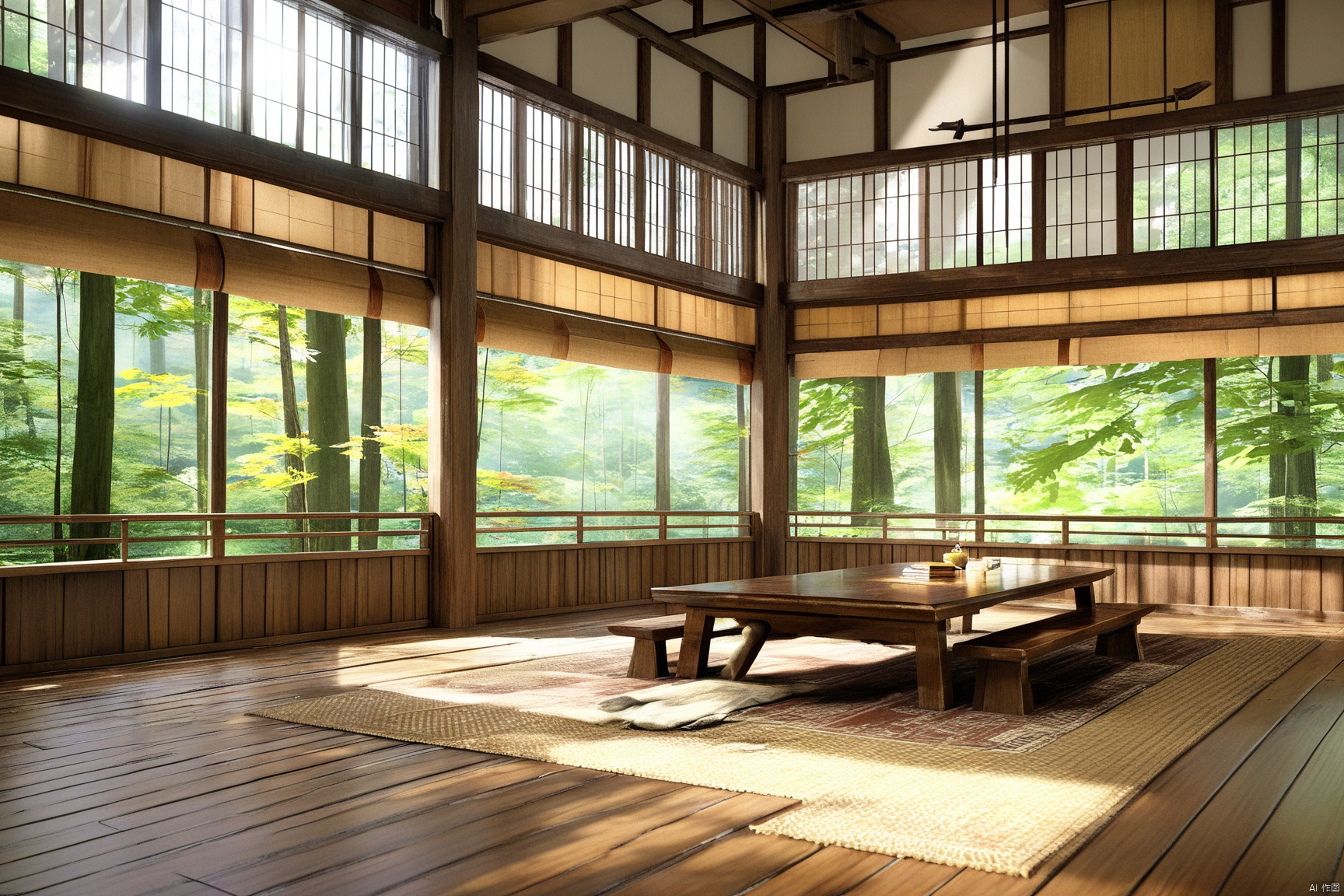 indoors, east asian, 8k, masterpiece, CG, best quality, high detailed, high detailed CG, No logo, no test, no humans, indoors, east asian architecture, big room, short table, wood floor, scenery, open Landscape, trees,