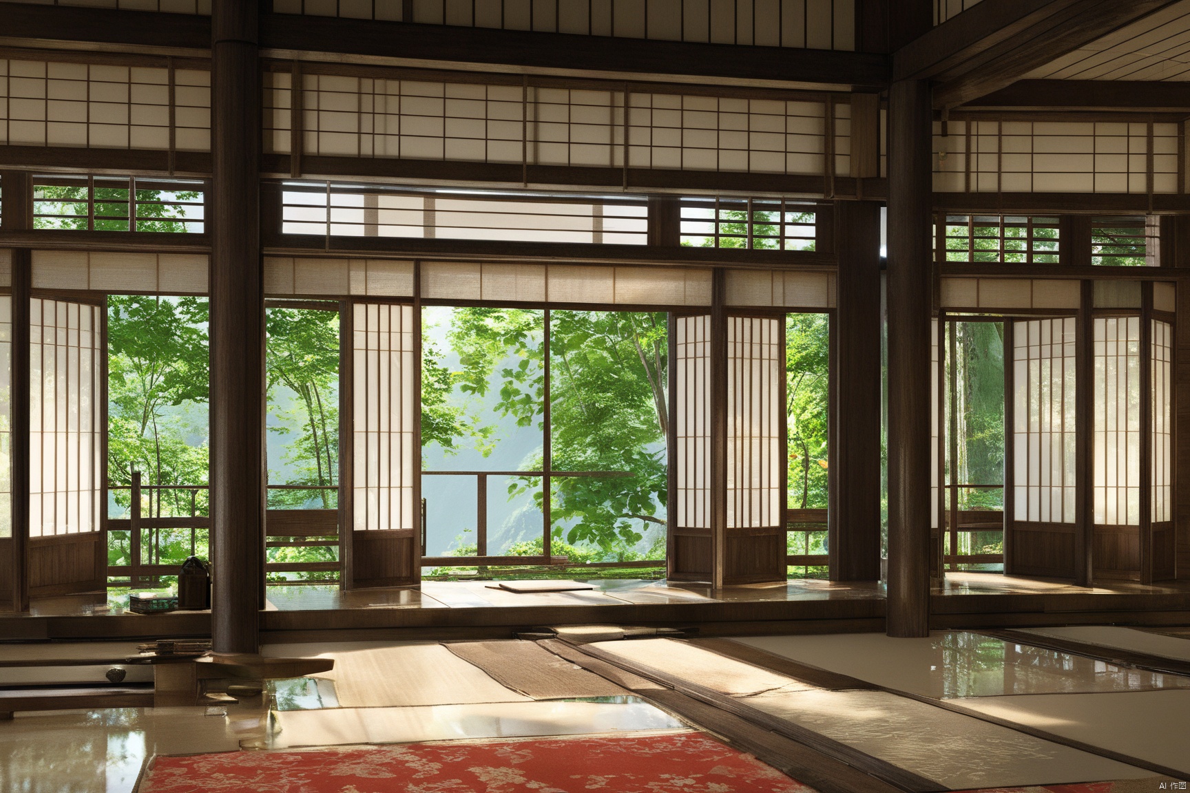 indoors, east asian, 8k, masterpiece, CG, best quality, high detailed, high detailed CG, No logo, no test, no humans, indoors, east asian architecture, curtains, scenery, east asian buildings, trees,