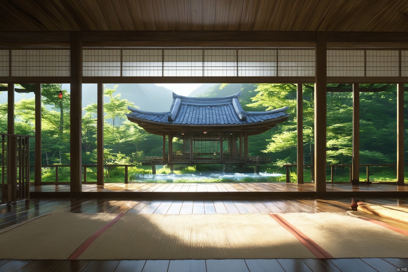indoors, east asian, 8k, masterpiece, CG, best quality, high detailed, high detailed CG, No logo, no test, no humans, indoors, east asian architecture, curtains, scenery, east asian buildings, trees,