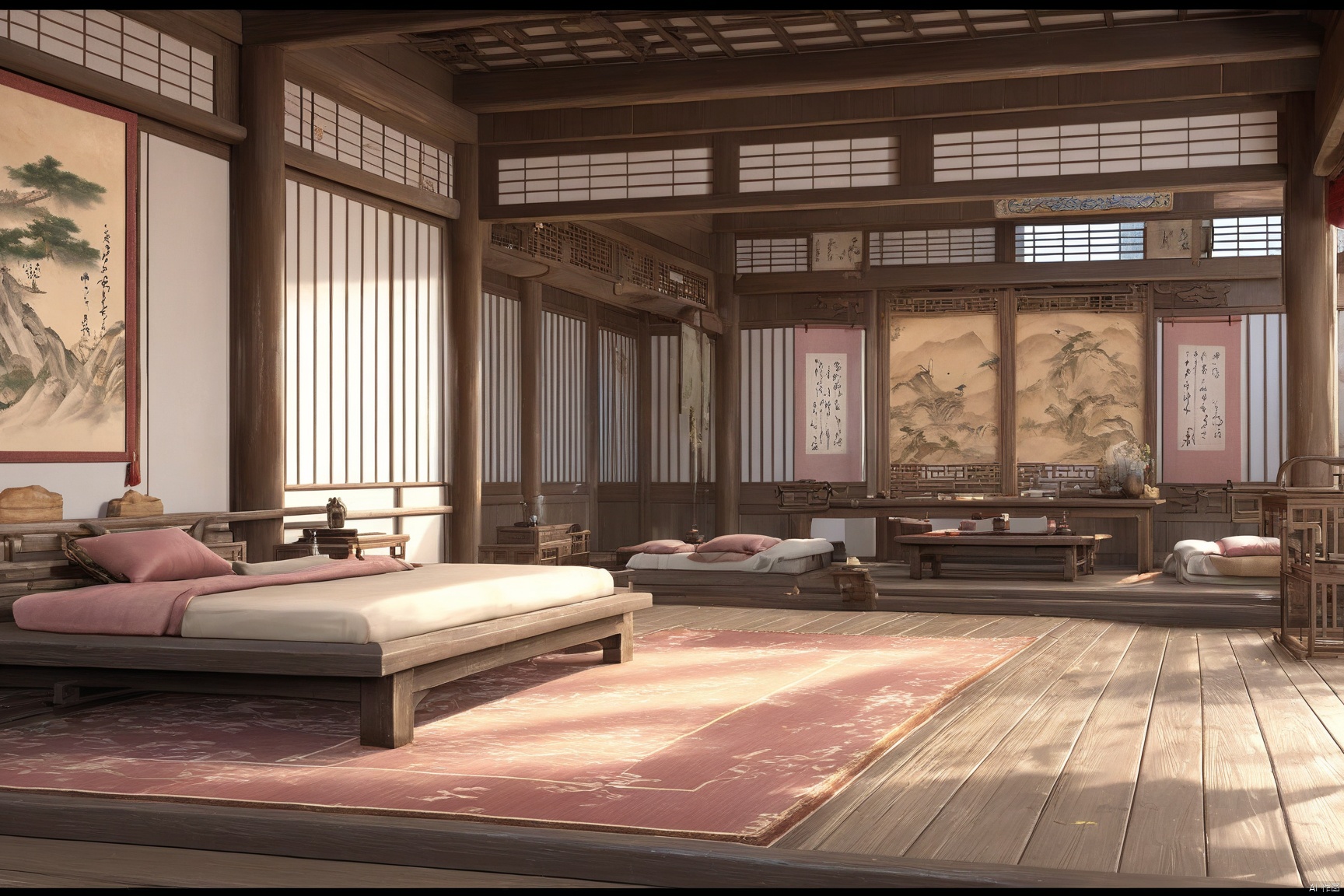 indoors, east asian, 8k, masterpiece, CG, best quality, high detailed, high detailed CG, No logo, no test, no humans, indoors, east asian architecture, bed, short table, big room, scenery,