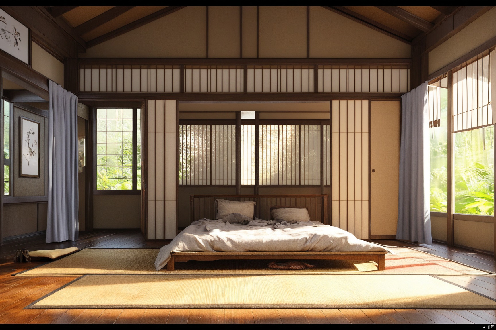 indoors, east asian, 8k, masterpiece, CG, best quality, high detailed, high detailed CG, No logo, no test, no humans, indoors, east asian architecture, big room, bed, clothes rack, screen, curtains,