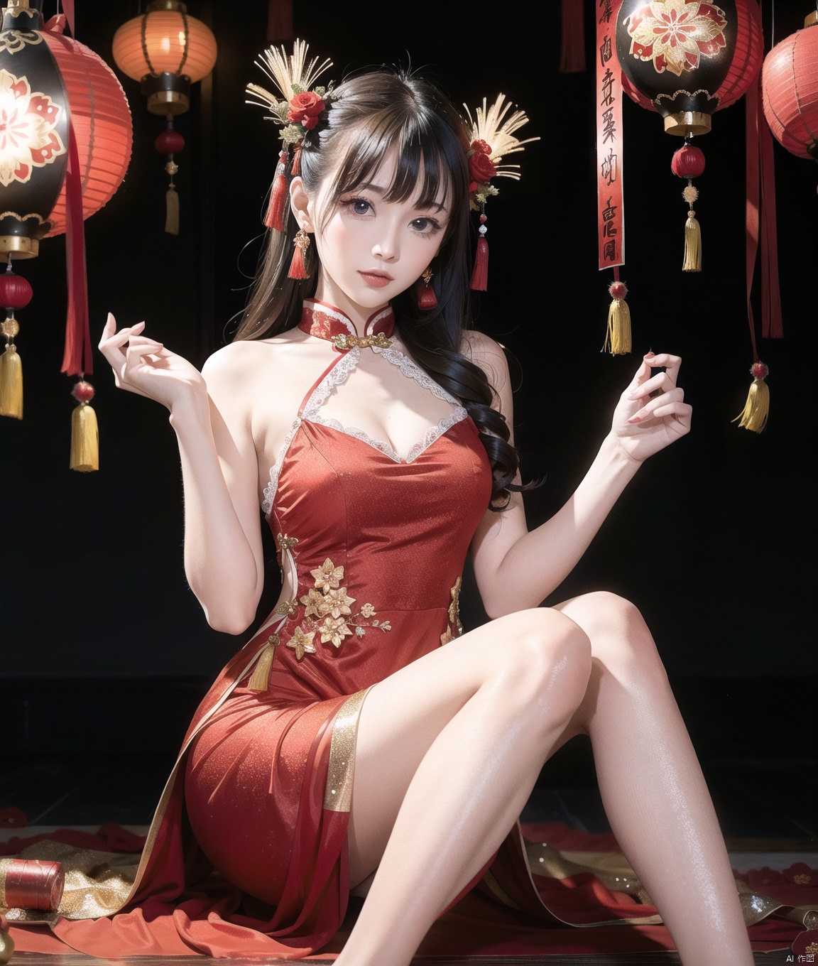 Beauty wearing a red dress. Pass the Chinese New Year. The background is a festive background, and there are beautiful blooming fireworks in the sky.