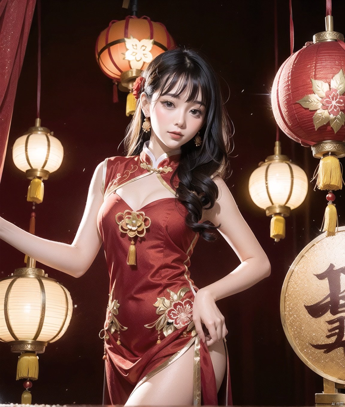Beauty wearing a red dress. Pass the Chinese New Year. The background is a festive background, and there are beautiful blooming fireworks in the sky.