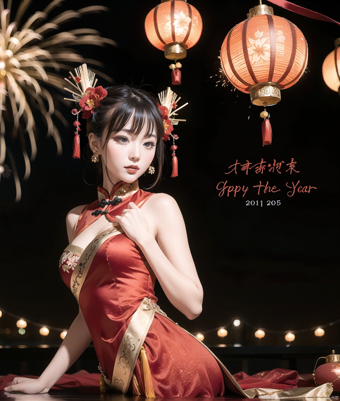 Beauty wearing a red dress. Pass the Chinese New Year. The background is a festive background, and there are beautiful blooming fireworks in the sky.