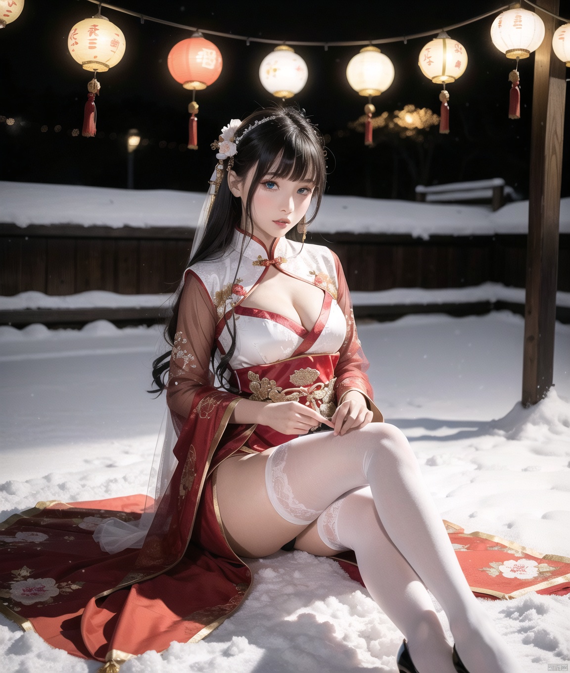 The setting is a quiet roadside in the deep of night, enveloped in a dim and almost eerie stillness, The faint glow of a distant streetlight barely pierces the darkness, casting faint, flickering shadows on the snow-covered ground,The scene is set during the festive atmosphere of the Chinese New Year and Spring Festival,with red lanterns hanging around and the sound of firecrackers echoing in the distance,shot with depth of field,The scene is set deep in the garden,surrounded by a snowy environment with fresh snow covering the ground,celebrating the New Year,A 10-year-old little whore,with long wavy black hair and blunt bangs,Her blue eyes look directly at the viewer,Her lips are red from lipstick,She is wearing hanfu Chinese clothes as a bride,She is wearing thighhighs,She has cleavage with unusual size breasts,She knees together feet apart,The bride is dressed in a traditional Chinese clothes,a form-fitting silk dress adorned with intricate embroidery,symbolizing beauty,The high collar of the clothes elegantly frames her neck,while the side slits reveal a glimpse of her thighhighs,Her thighhighs are made of sheer silk,with delicate lace trim at the top,adding a touch of elegance and sensuality to her bridal attire,Her full figure is elegantly showcased in the traditional Chinese clothes-qipao,with the flowing fabric draping gracefully over her body,accentuating her curves,She stands confidently in a pair of chunky high heels,their bold design adding a modern contrast to her traditional attire,The heels are black with a glossy finish,complementing the overall aesthetic of her bridal look,