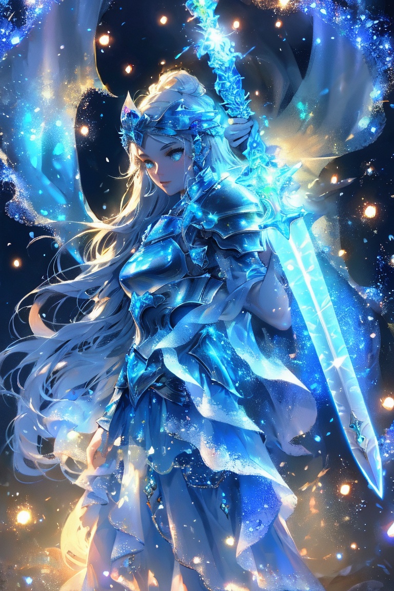 A mystical figure,  possibly a warrior or guardian,  adorned in intricate armor. The armor is illuminated with a radiant b...