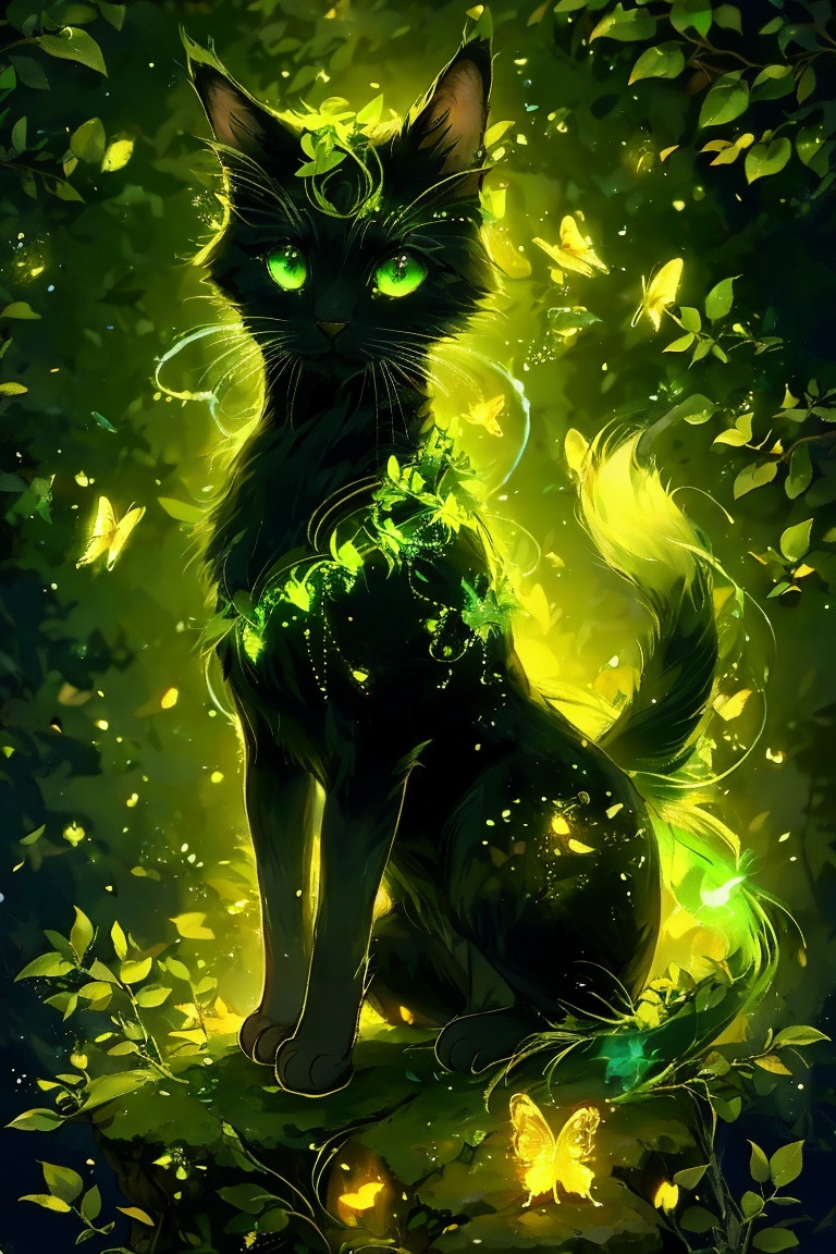 A mystical,  dark-furred cat with luminescent green eyes. It is surrounded by a luminous green aura,  with glowing green t...