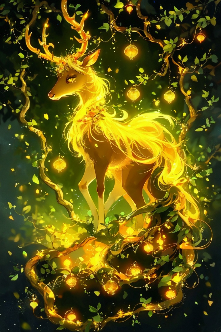 A mystical deer-like creature,  adorned with glowing,  golden-yellow eyes and intricately designed antlers that resemble i...