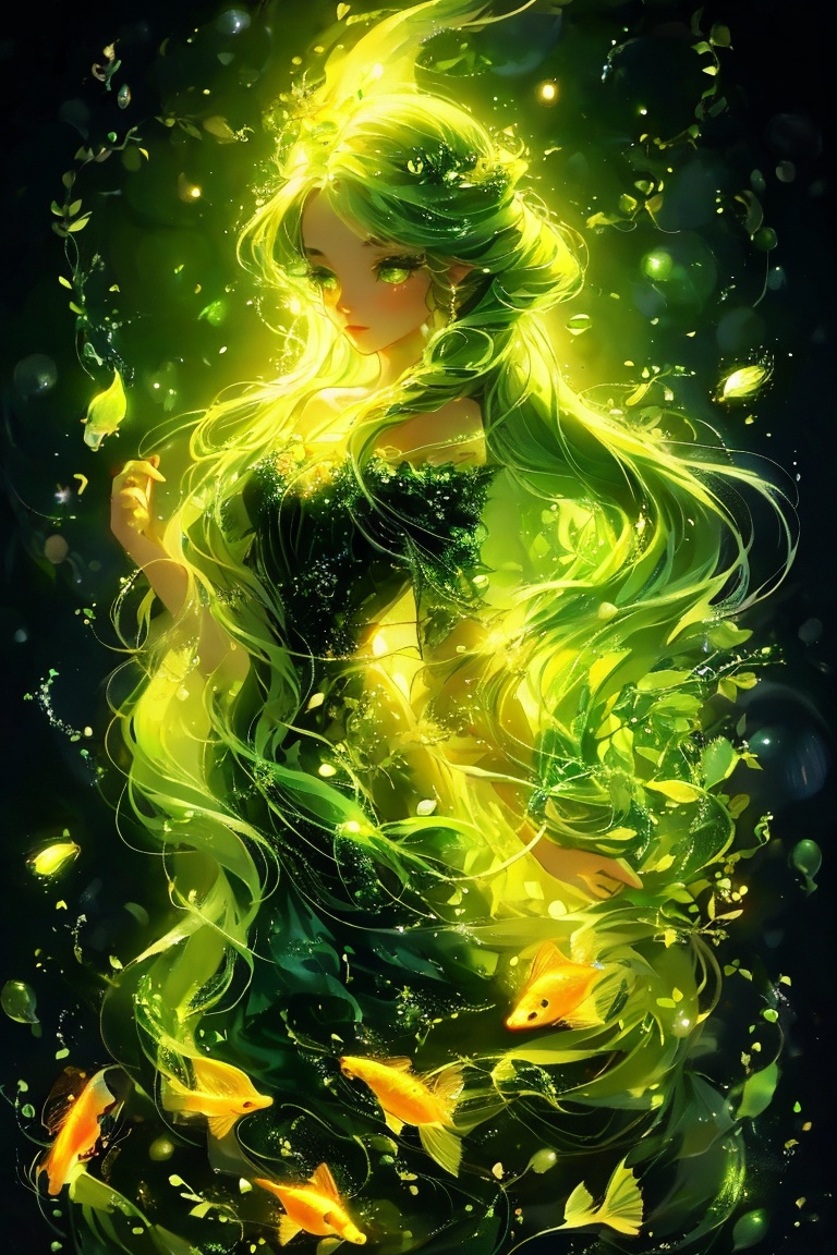 A captivating portrayal of a female character with luminescent green eyes and flowing,  intricately designed hair intertwi...