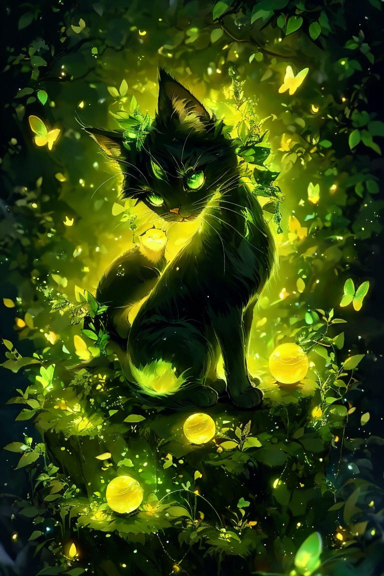 A mystical,  dark-furred cat with luminescent green eyes. It is surrounded by a luminous green aura,  with glowing green t...