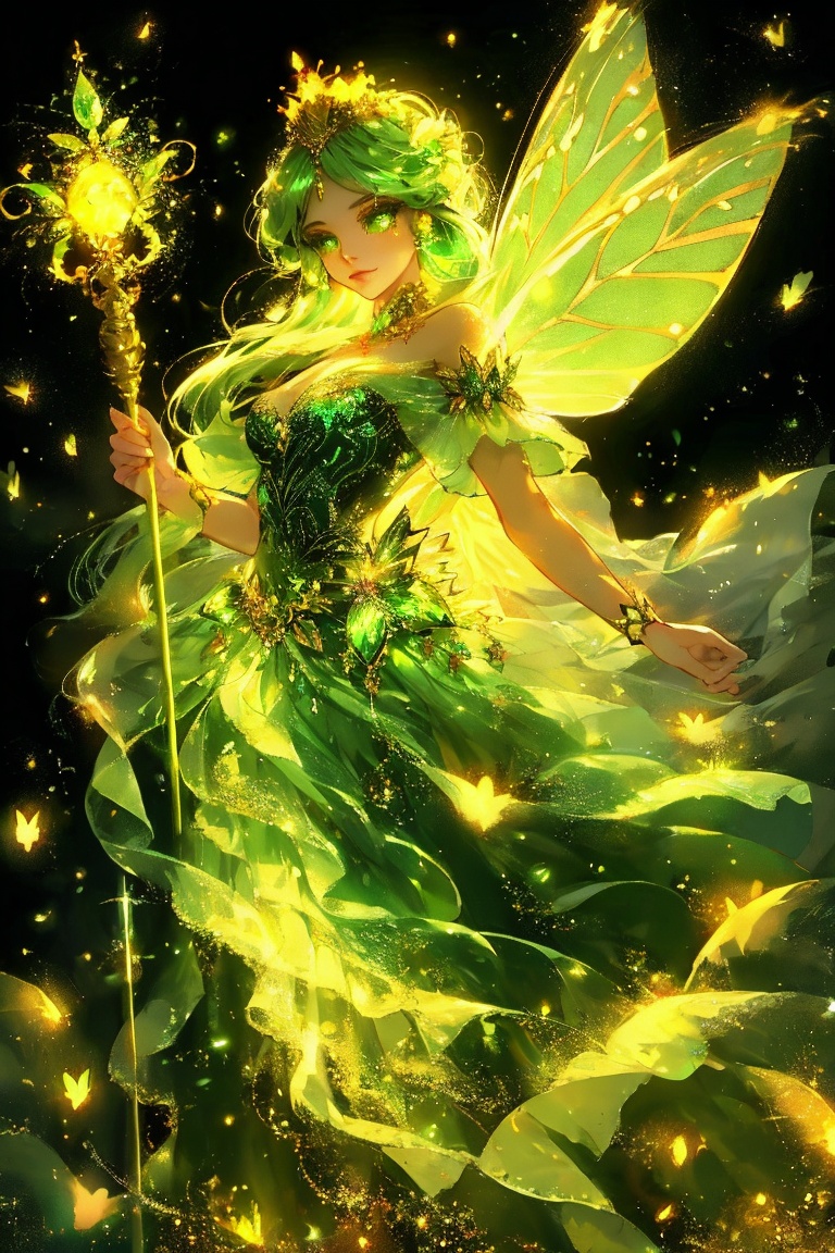 A fantastical character with luminescent green eyes,  adorned with a crown of shimmering gems and leaves. She has butterfl...