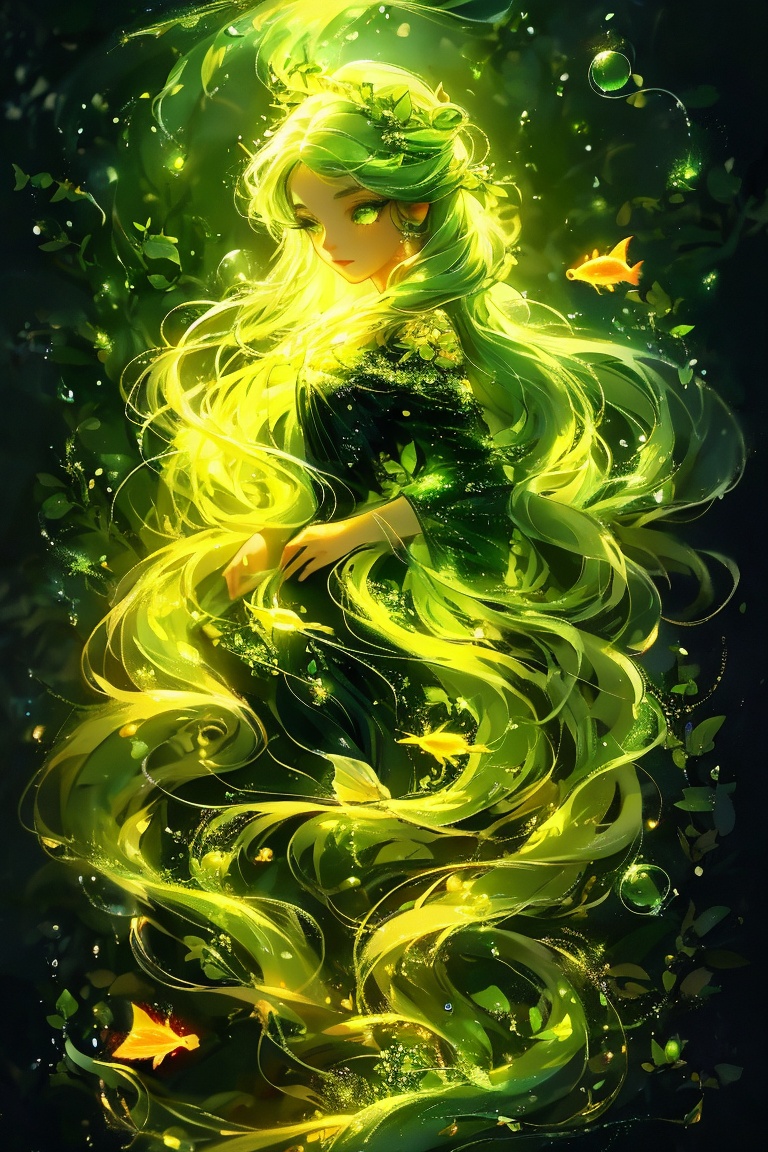 A captivating portrayal of a female character with luminescent green eyes and flowing,  intricately designed hair intertwi...