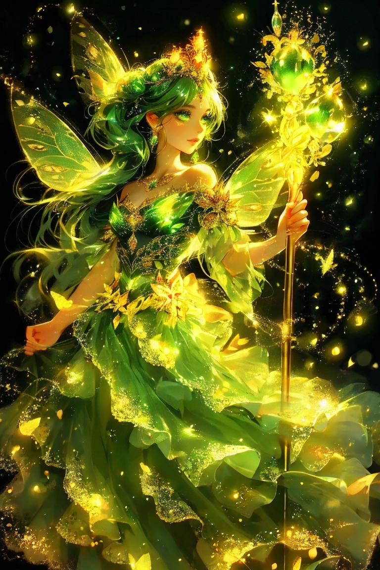 A fantastical character with luminescent green eyes,  adorned with a crown of shimmering gems and leaves. She has butterfl...