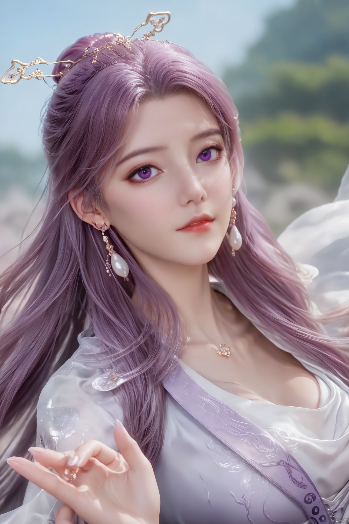  best quality,masterpiece,1girl,solo,long hair,looking at viewer,jewelry,closed mouth,purple eyes,upper body,purple hair,earrings,blurry,blurry background,sunlight,red lips,(big breasts:1.59), Yunxiao_xianzi, Brigitte Lin, X-aurora, pearl_shell, song_hanfu, fantasy_butterfly