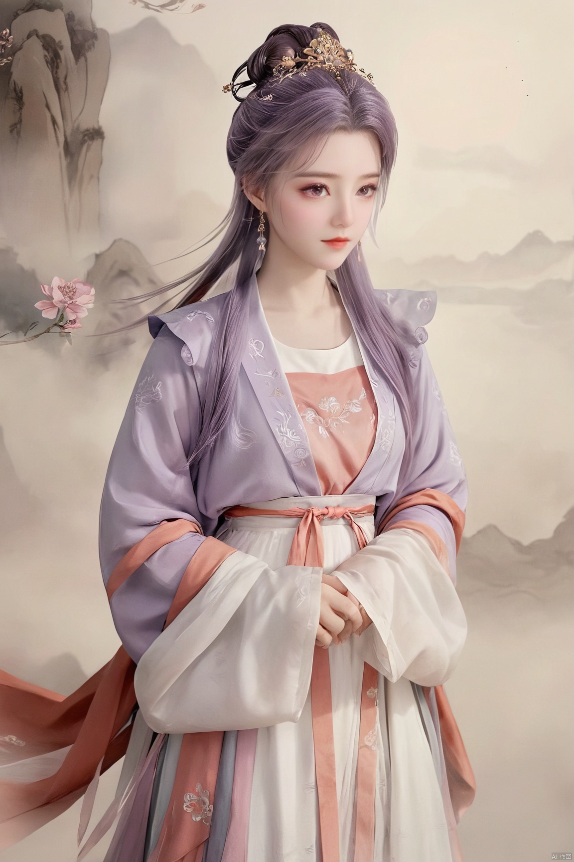  best quality,masterpiece,1girl,solo,long hair,looking at viewer,jewelry,closed mouth,purple eyes,upper body,purple hair,earrings,blurry,blurry background,sunlight,red lips,(big breasts:1.69), Yunxiao_xianzi, Brigitte Lin, X-aurora, pearl_shell, song_hanfu, fantasy_butterfly, Succulent_Plants, traditional chinese ink painting, hanfu, 2.5D, Ancient costume, Film Photography, film1,Film texture