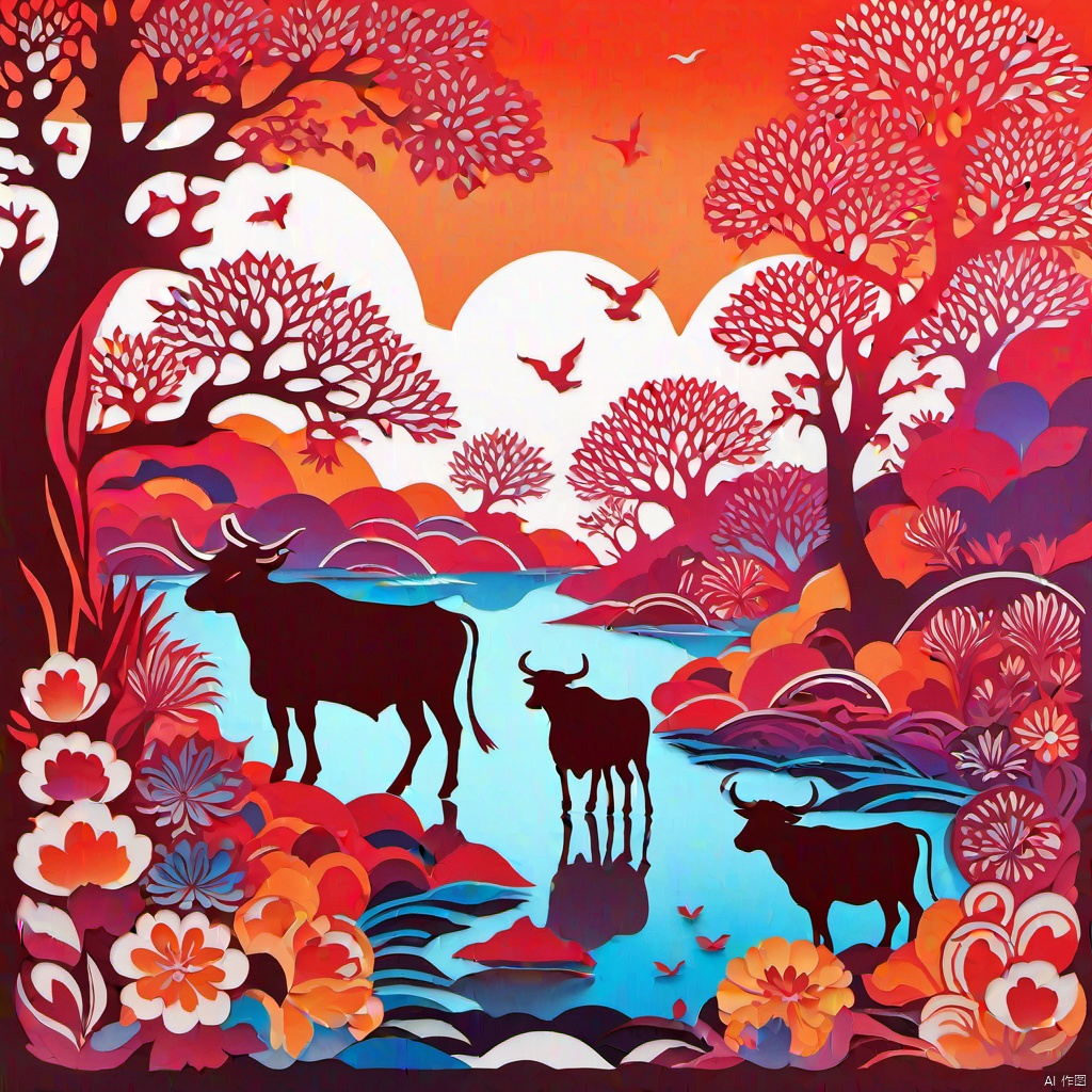 (8k, RAW photo, best quality, masterpiece:1.2),(super realistic, photo-realistic:1.3),ultra-detailed,extremely detailed cg 8k wallpaper,hatching (texture),skin gloss,light persona,
(crystalstexture skin:1.2),(extremely delicate and beautiful),ultra-high resolution,surrealism,fantastical verisimilitude,fantastical creation,thriller color scheme,surrealism,abstract,psychedelic,
paper-cut art,paper-cut style,cattle,river