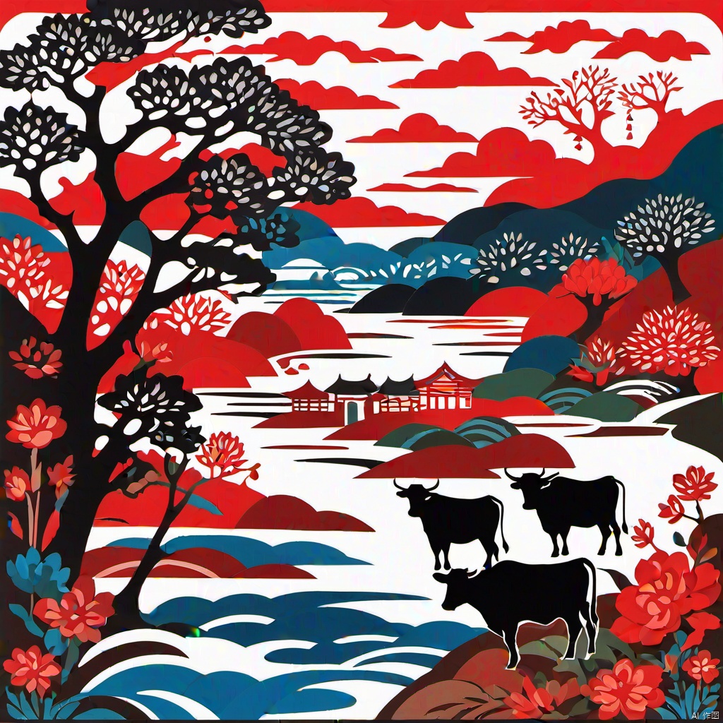 masterpiece,high quality,paper-cut art,nobody,solo,paper-cut style,cattle,river