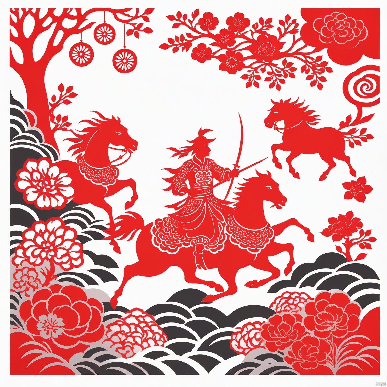  masterpiece,high quality,paper-cut art,nobody,solo,a big red flower,paper-cut style,Chinese style,Chinese year,festive,Cavalry Charge,Ancient China,Clouds and Smoke Entwined,fight theenemy,, Chinese ancientpaintings