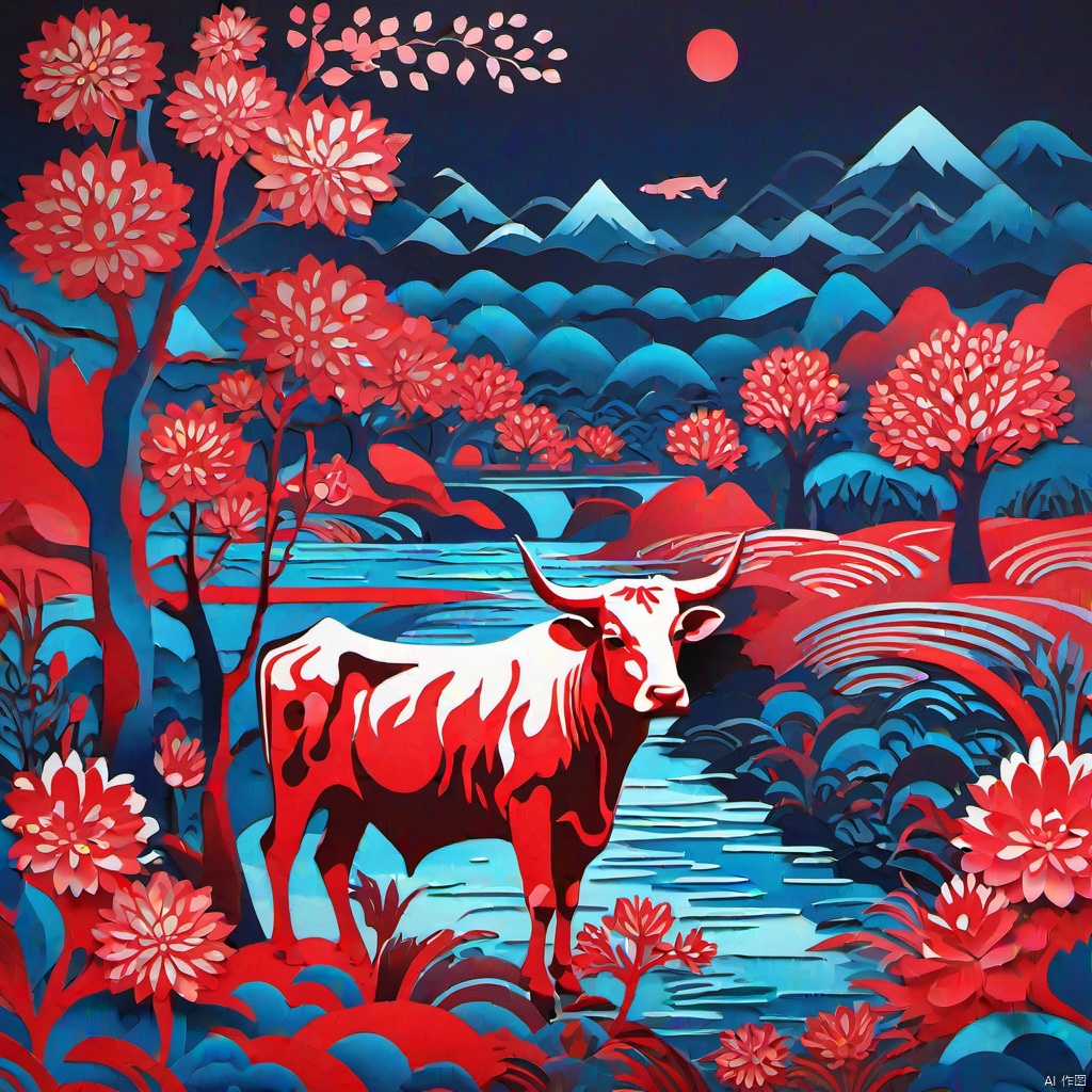 (8k, RAW photo, best quality, masterpiece:1.2),(super realistic, photo-realistic:1.3),ultra-detailed,extremely detailed cg 8k wallpaper,hatching (texture),skin gloss,light persona,
(crystalstexture skin:1.2),(extremely delicate and beautiful),ultra-high resolution,surrealism,fantastical verisimilitude,fantastical creation,thriller color scheme,surrealism,abstract,psychedelic,
paper-cut art,paper-cut style,cattle,river