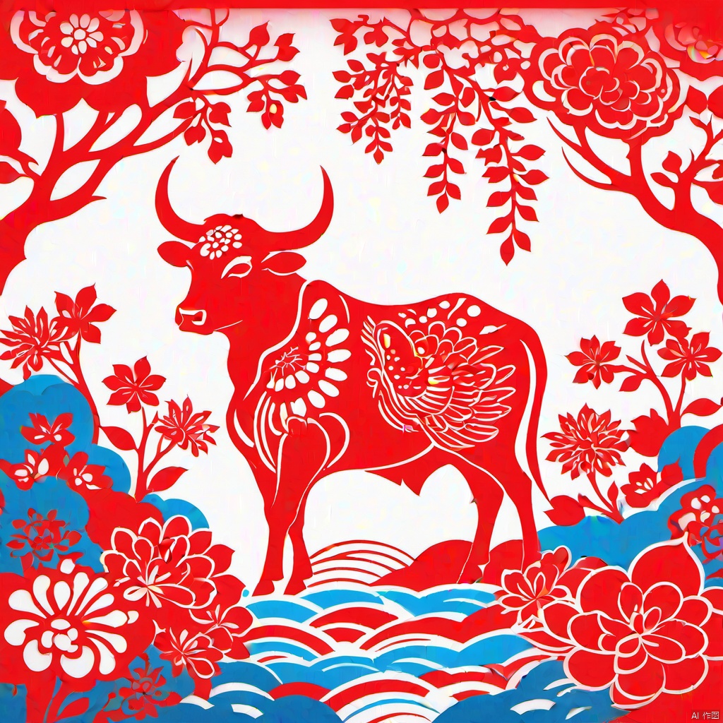 (8k, RAW photo, best quality, masterpiece:1.2),(super realistic, photo-realistic:1.3),ultra-detailed,extremely detailed cg 8k wallpaper,hatching (texture),skin gloss,light persona,
(crystalstexture skin:1.2),(extremely delicate and beautiful),ultra-high resolution,surrealism,fantastical verisimilitude,fantastical creation,thriller color scheme,surrealism,abstract,psychedelic,
paper-cut art,a big red flower,paper-cut style,Chinese style,Chinese year,festive,cattle,river