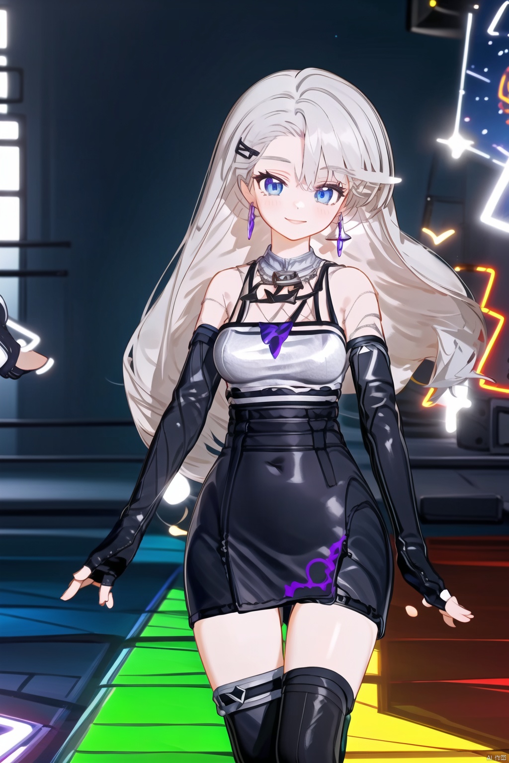 1girl, solo, gloves, thighhighs, jewelry, long hair, fingerless gloves, elbow gloves, blue eyes, virtual youtuber, earrings, fence, looking at viewer, black gloves, black skirt, skirt, smile, black thighhighs, breasts, k/da \(league of legends\), grey hair