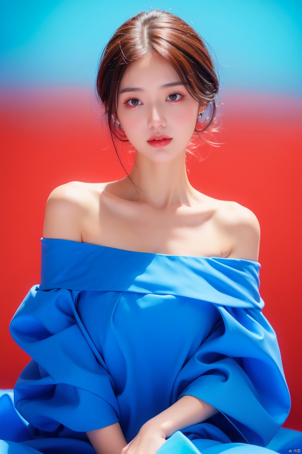  realism, portrait, moyo, 1 girl, solo exhibition, beautiful face, delicate eyes, off-the-shoulder gauze dress, ((red background, blue background, gradient background,))