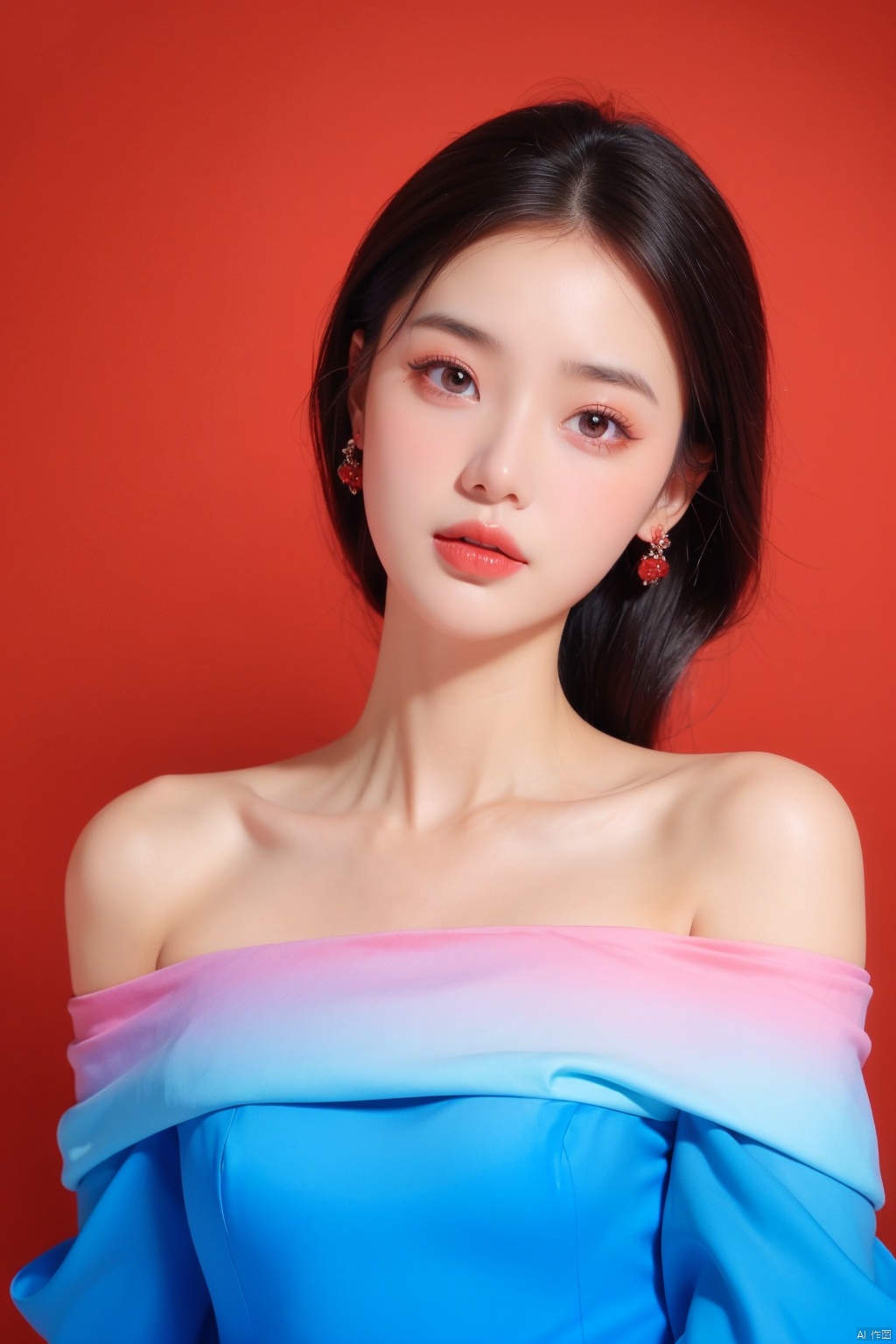  realism, portrait, moyo, 1 girl, solo exhibition, beautiful face, delicate eyes, off-the-shoulder gauze dress, ((red background, blue background, gradient background,))