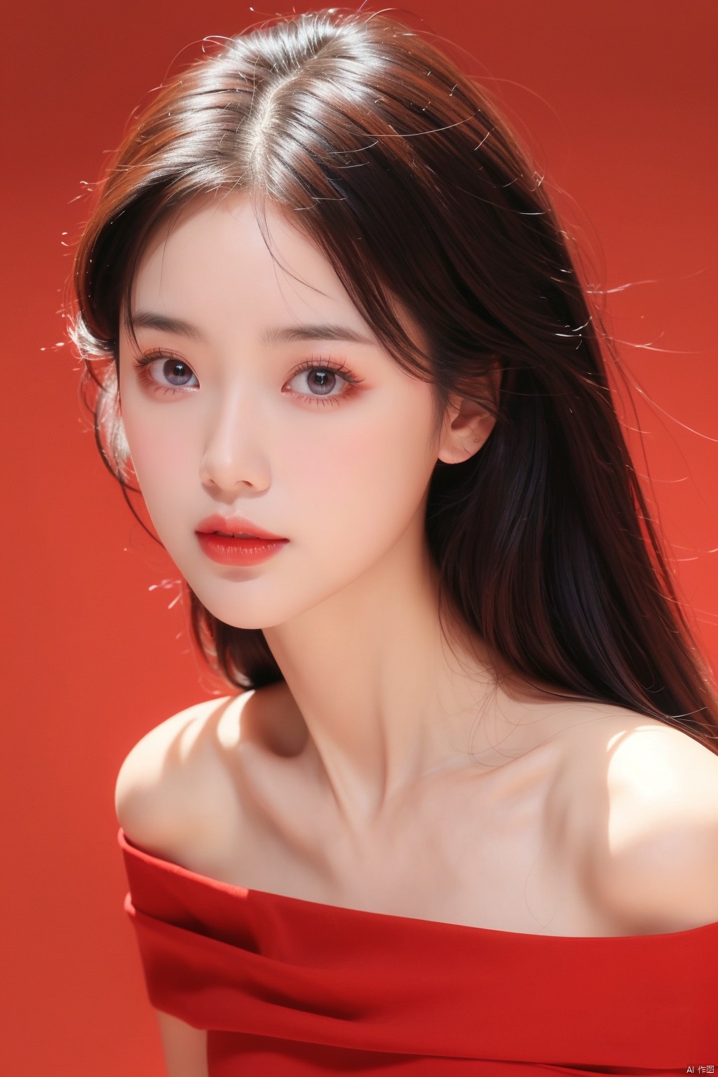  realism, portrait, moyo, 1 girl, solo exhibition, beautiful face, delicate eyes, off-the-shoulder gauze dress, ((red background, blue background, gradient background,))