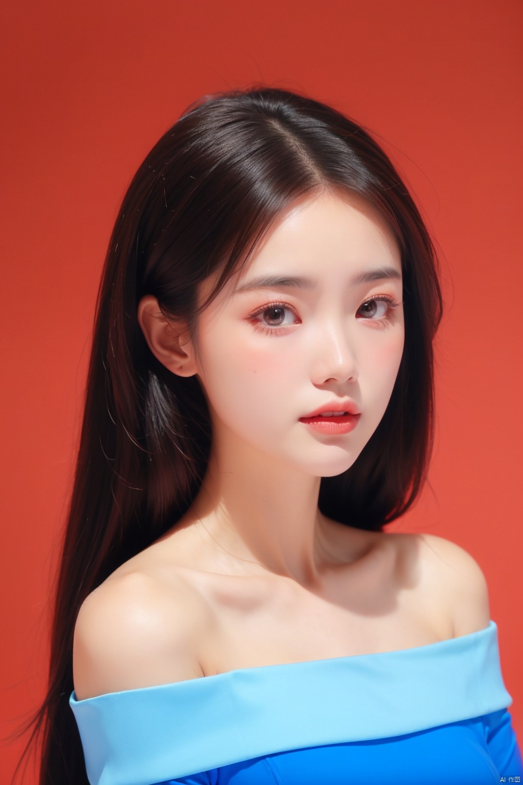  realism, portrait, moyo, 1 girl, solo exhibition, beautiful face, delicate eyes, off-the-shoulder gauze dress, ((red background, blue background, gradient background,))