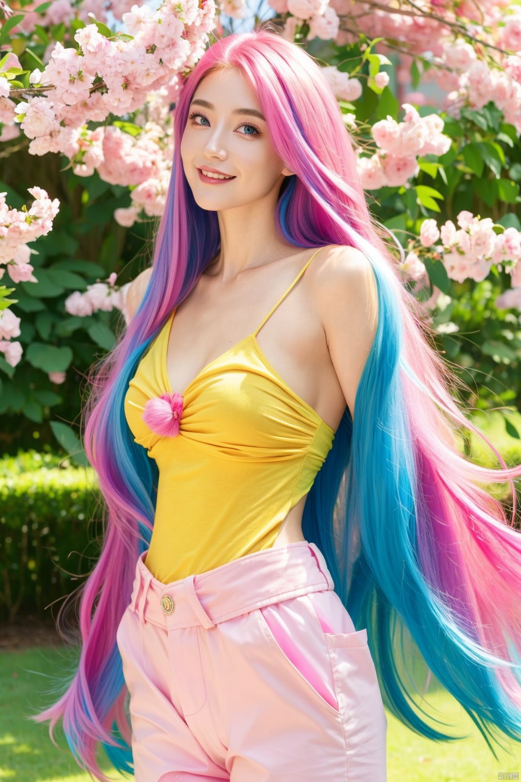 fluffy hair,long floating hair,(super long hair),shiny pink hair,shiny hair,1 girl,alone,long hair,blue eyes,(pink hair),pink hair,looking at the audience,smiling,make-up face prints,purple hair,colored hair,thighs,outdoors,full body ((masterpiece)),(((best quality))),((ultra-detailed)),((illustration)),A lot of waving glow sticks,Stage,Concert,(solo),1 girl,((singing)),headset,(leaning_forward:1.2),(arms_behind_back),((extremely_detailed_eyes_and_face)),colorful,Tokyo Dome,ray tracing,(disheveled hair),cherry_blossoms,petals,Flying notes,